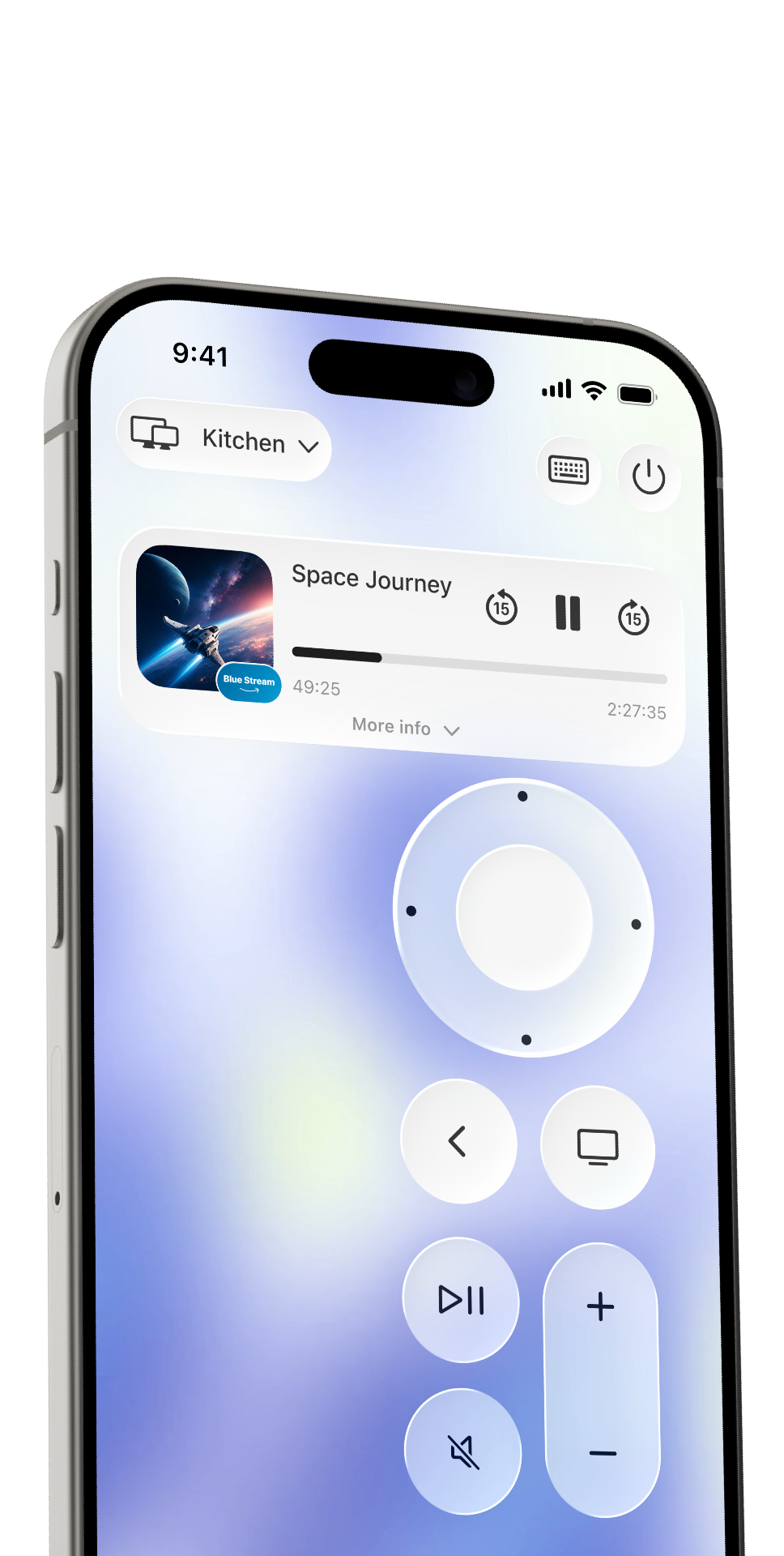 Loop Remote running on iPhone showing the directional pad and Now Playing card