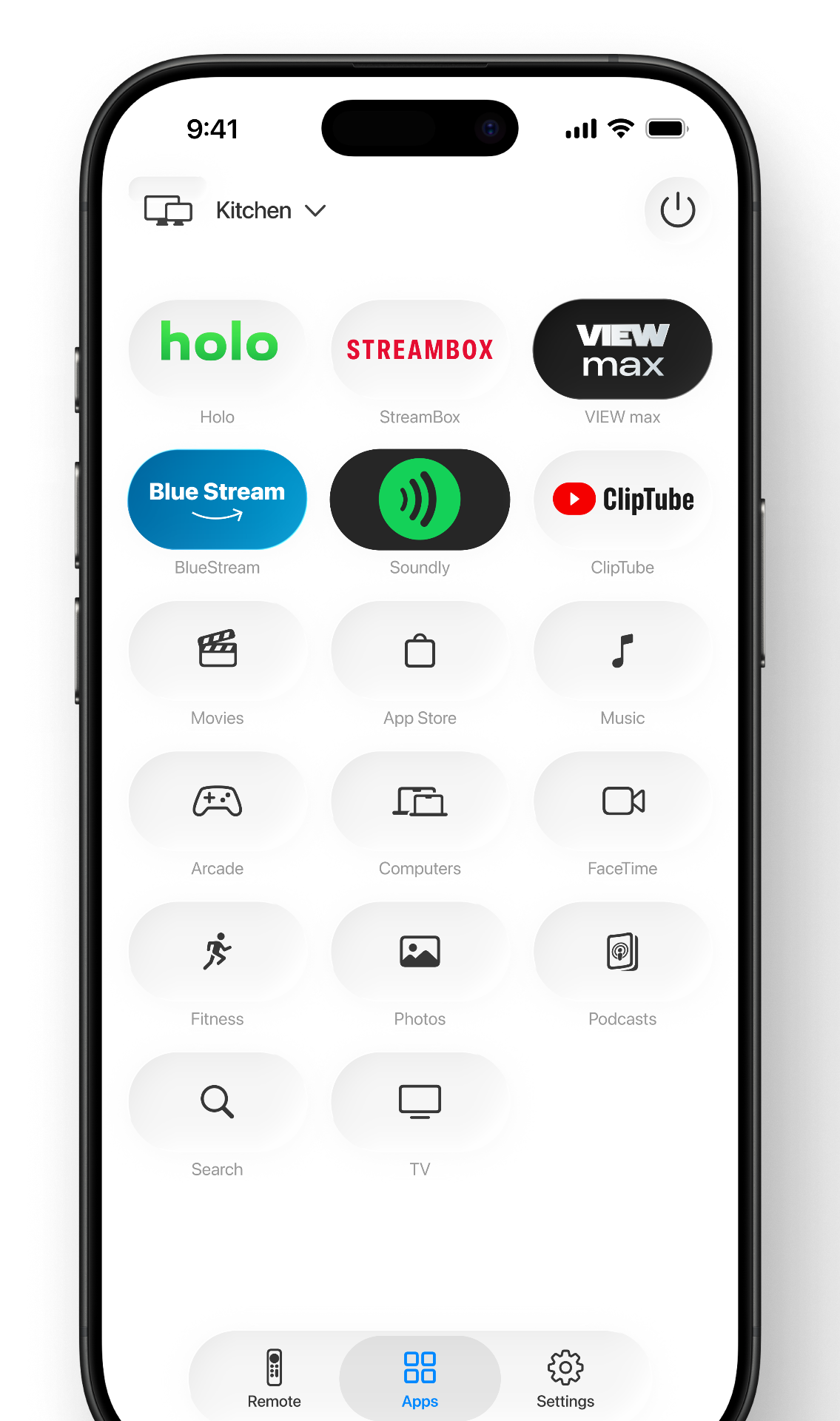 Apps grid in Loop Remote showing streaming services and tvOS apps