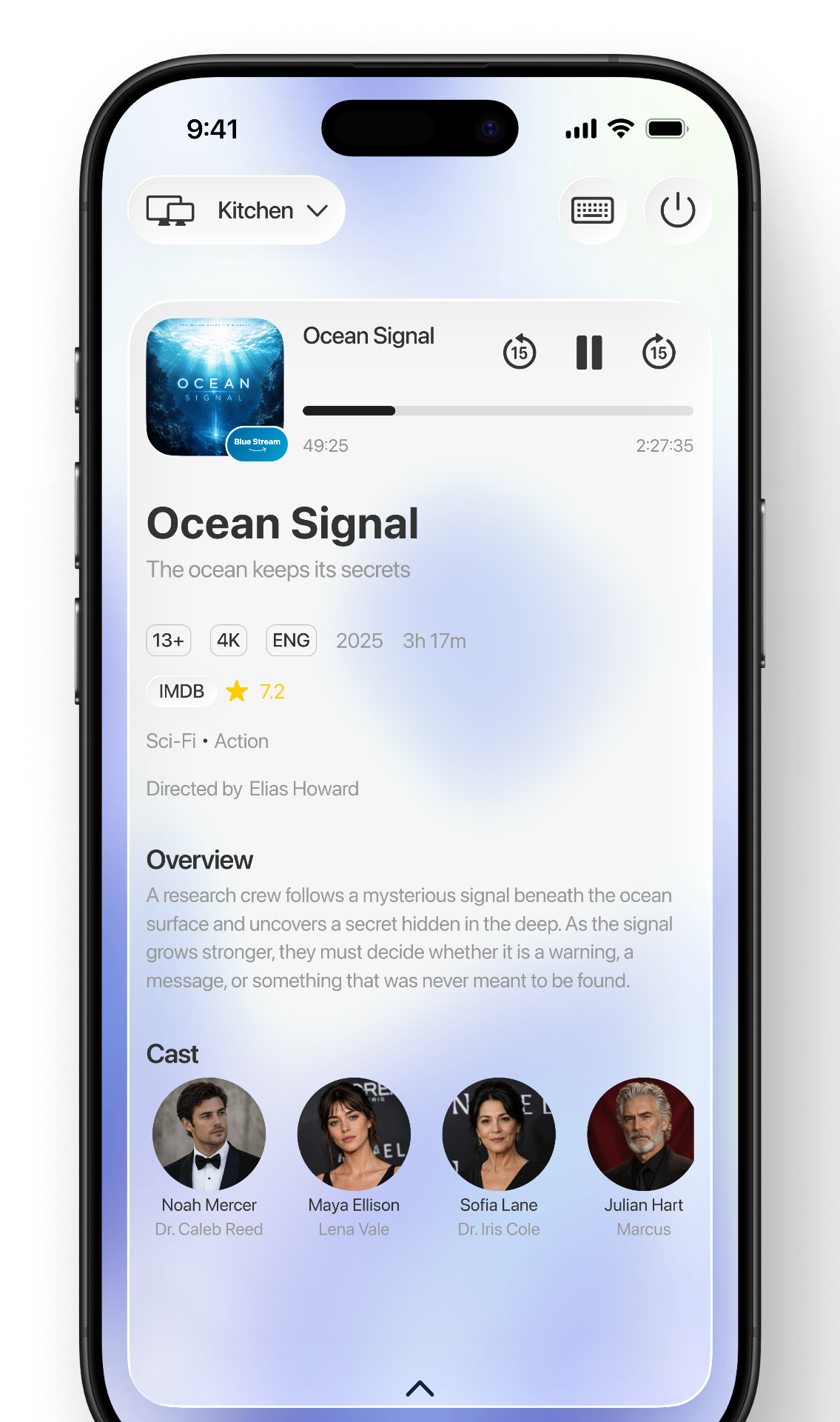 Now Playing screen showing the movie Ocean Signal with cast and details
